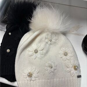 Floral Knit Beanie with Pom Pom - White